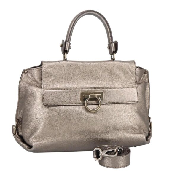 Salvatore Ferragamo Gancini Hand Bag Leather 2way Silver - Picture 1 of 15